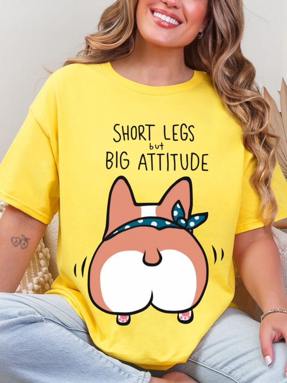 Gildan Yellow Short Sleeve Tee with Corgi Butt Graphic and Blue Bandana